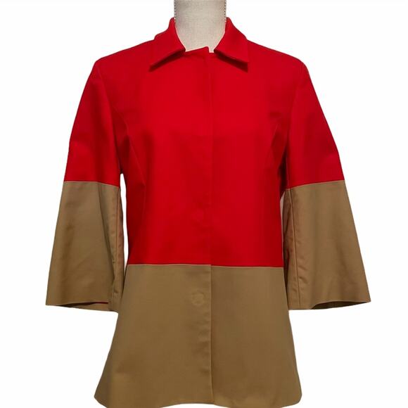 Coldwater Creek Colorblock Long Jacket Red Tan Khaki Bell Sleeves Size 10 - Picture 2 of 10